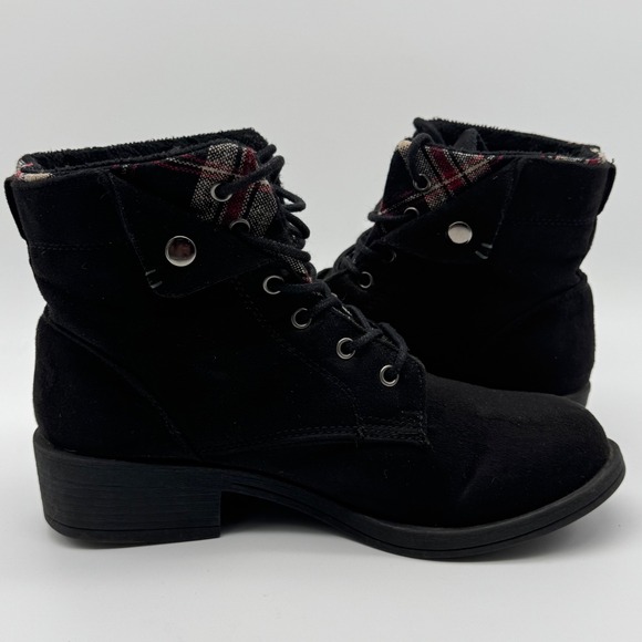 Rock & Candy Junie Black Lace Up Ankle Boots Fold Down Plaid Trim Women's Size 8 - Picture 11 of 13